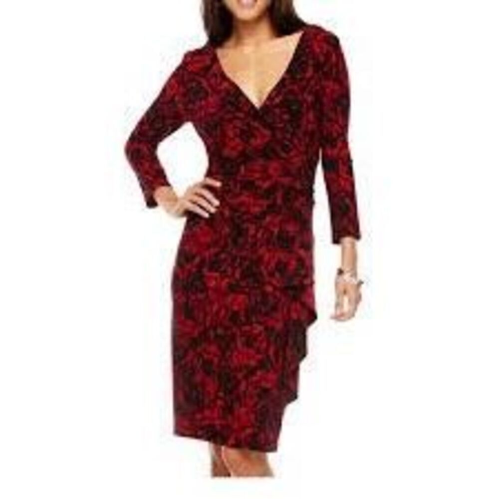 Ralph Lauren 4 Knee Length Crossover Dress Red Black Floral Victorian Cocktail
